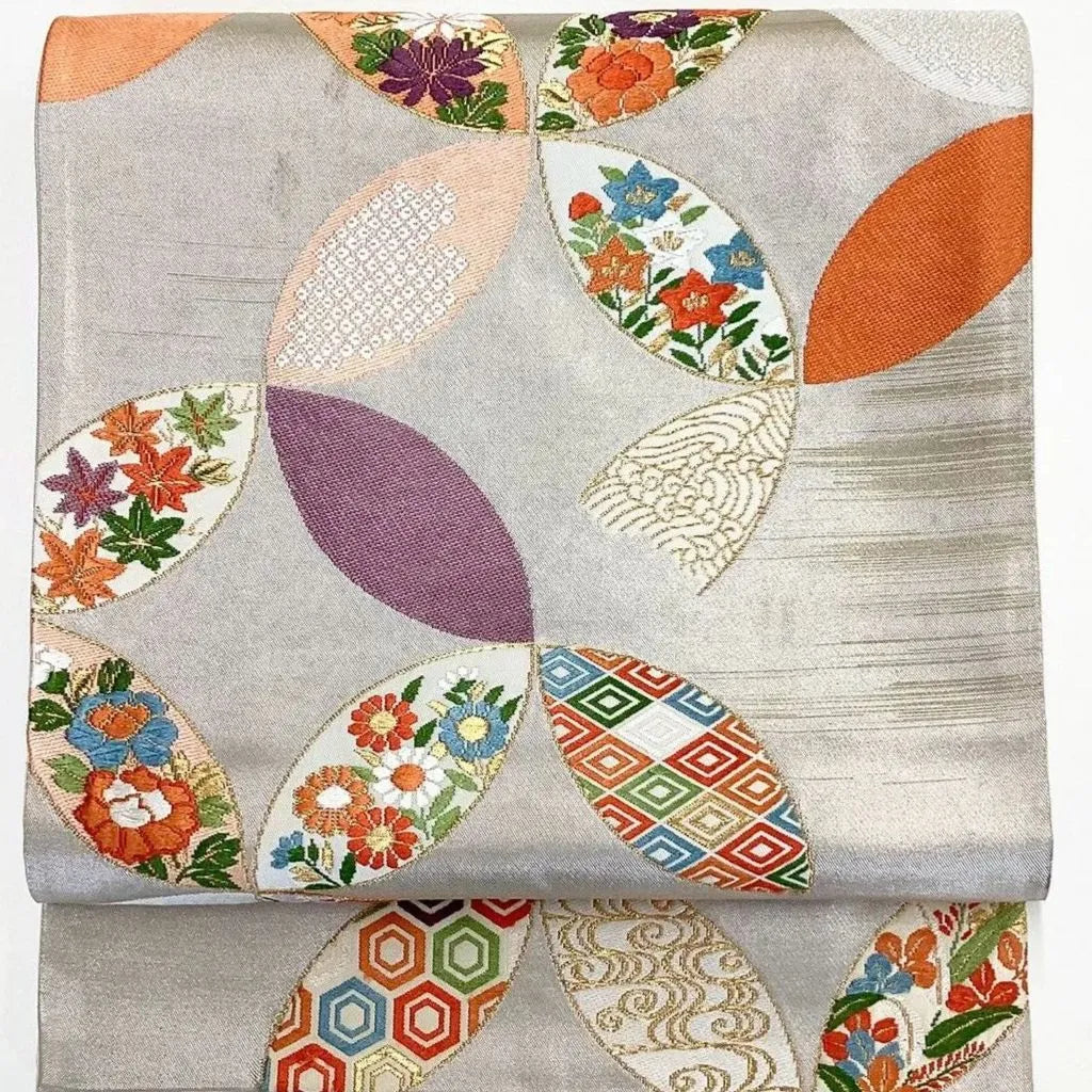 7033# Japanese Vintage Fukuro Obi Belt Kimono Fabric Silk Traditional Silver