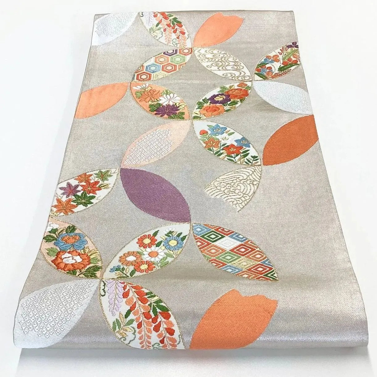 7033# Japanese Vintage Fukuro Obi Belt Kimono Fabric Silk Traditional Silver