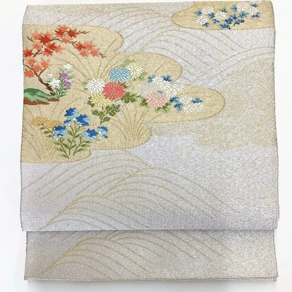 7034# Japanese Vintage Fukuro Obi Belt Kimono Fabric Silk Traditional Silver