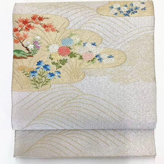 7034# Japanese Vintage Fukuro Obi Belt Kimono Fabric Silk Traditional Silver