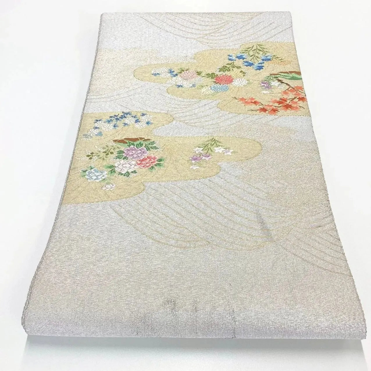 7034# Japanese Vintage Fukuro Obi Belt Kimono Fabric Silk Traditional Silver