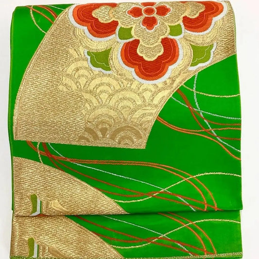 7038# Japanese Vintage Fukuro Obi Belt Kimono Fabric Silk Traditional Green