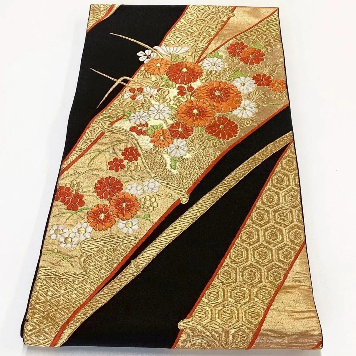 7041# Japanese Vintage Fukuro Obi Belt Kimono Fabric Silk Traditional Black