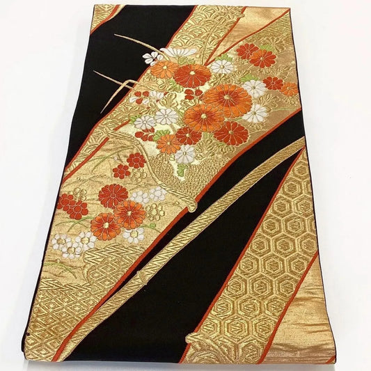 7041# Japanese Vintage Fukuro Obi Belt Kimono Fabric Silk Traditional Black