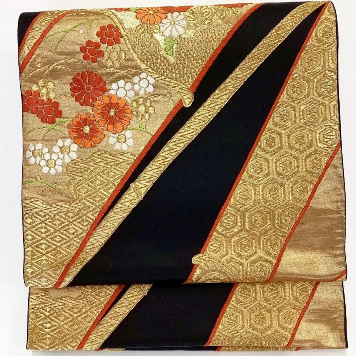 7041# Japanese Vintage Fukuro Obi Belt Kimono Fabric Silk Traditional Black