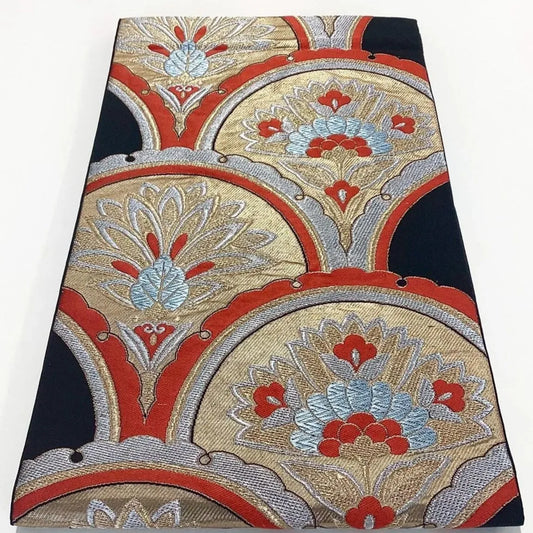 7043# Japanese Vintage Fukuro Obi Belt Kimono Fabric Silk Traditional Black