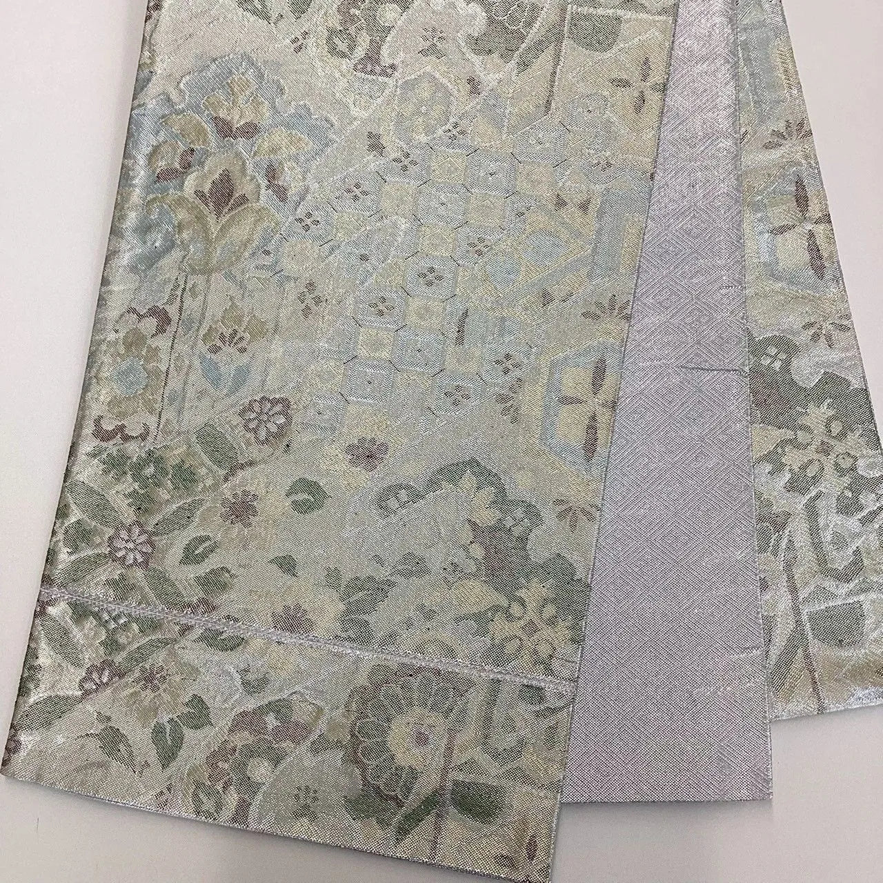 7053# Japanese Vintage Fukuro Obi Belt Kimono Fabric Silk Traditional Silver