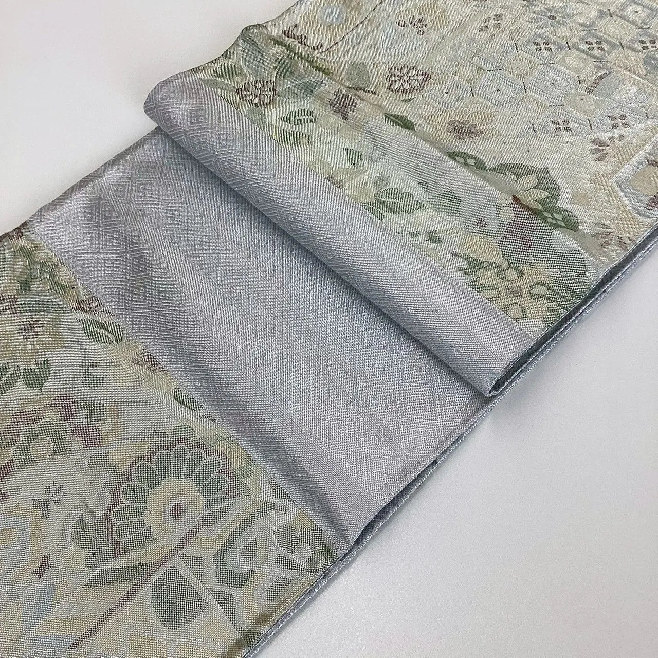7053# Japanese Vintage Fukuro Obi Belt Kimono Fabric Silk Traditional Silver