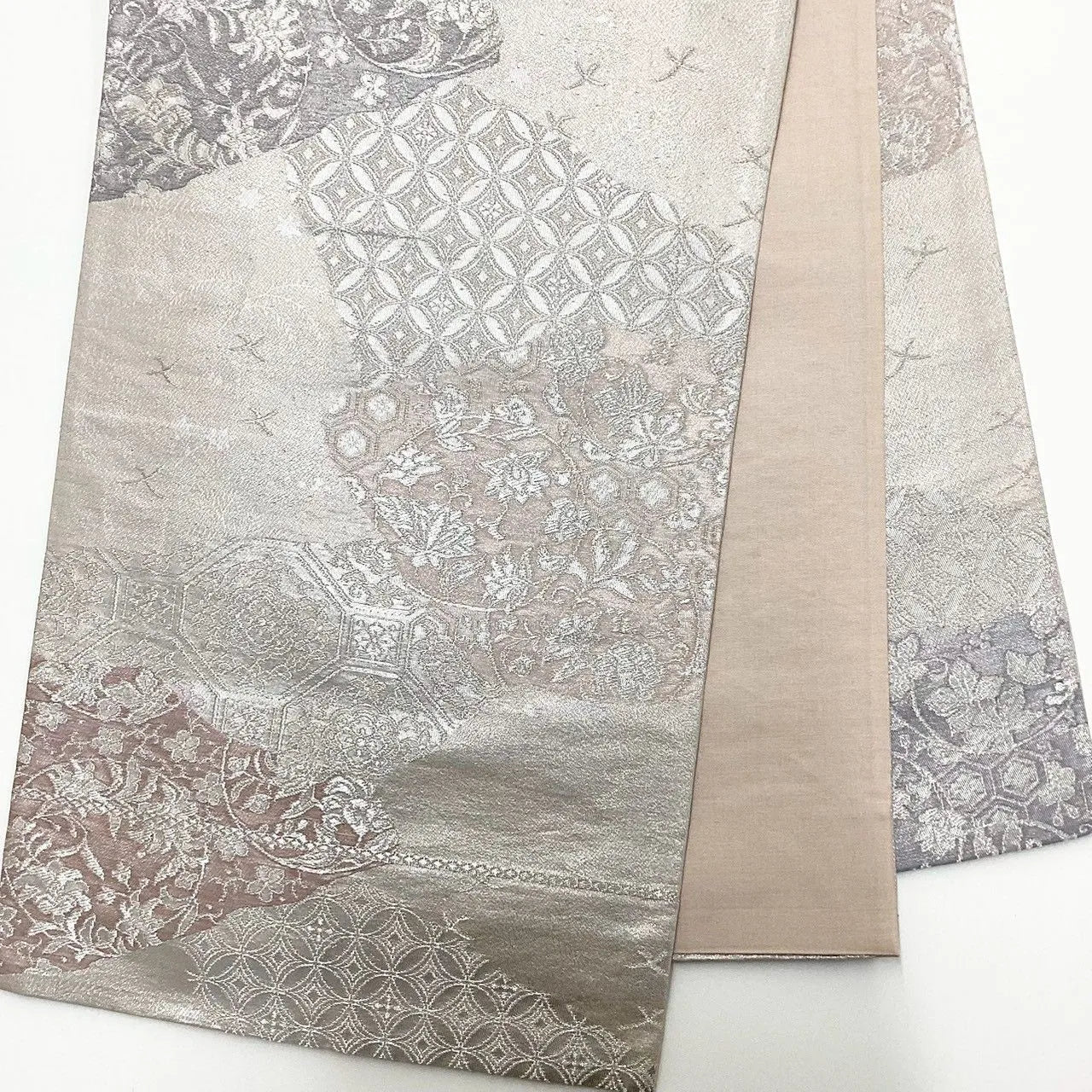 7060# Japanese Vintage Fukuro Obi Belt Kimono Fabric Silk Traditional Silver