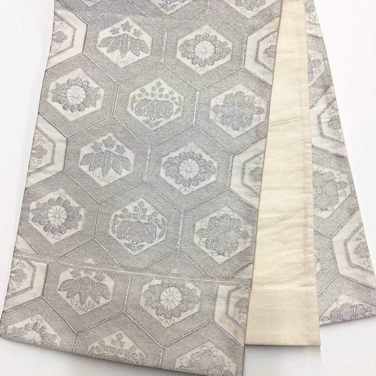 7065# Japanese Vintage Fukuro Obi Belt Kimono Fabric Silk Traditional Silver
