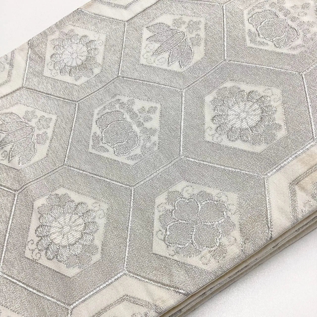 7065# Japanese Vintage Fukuro Obi Belt Kimono Fabric Silk Traditional Silver