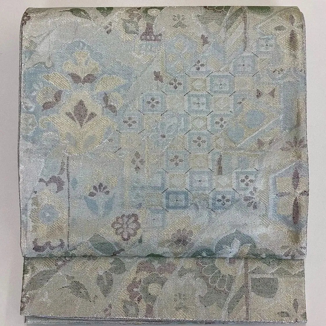 7053# Japanese Vintage Fukuro Obi Belt Kimono Fabric Silk Traditional Silver