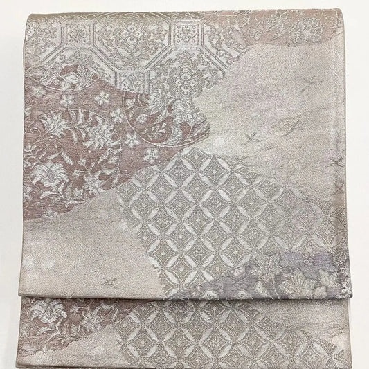7060# Japanese Vintage Fukuro Obi Belt Kimono Fabric Silk Traditional Silver