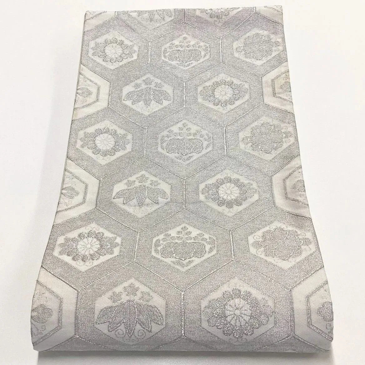 7065# Japanese Vintage Fukuro Obi Belt Kimono Fabric Silk Traditional Silver