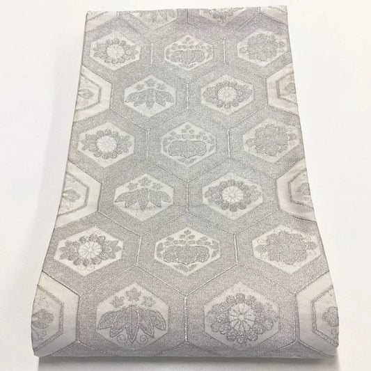 7065# Japanese Vintage Fukuro Obi Belt Kimono Fabric Silk Traditional Silver