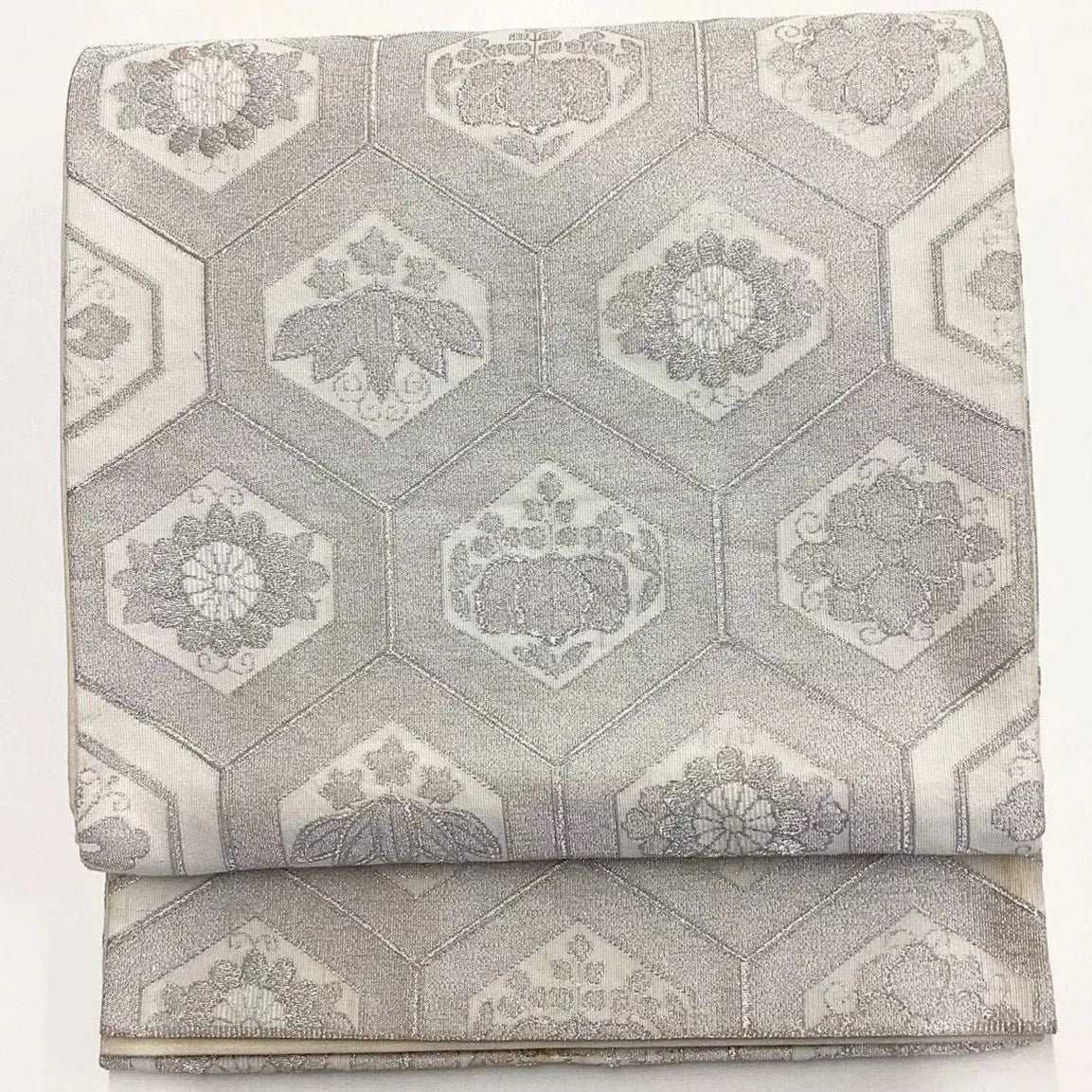 7065# Japanese Vintage Fukuro Obi Belt Kimono Fabric Silk Traditional Silver