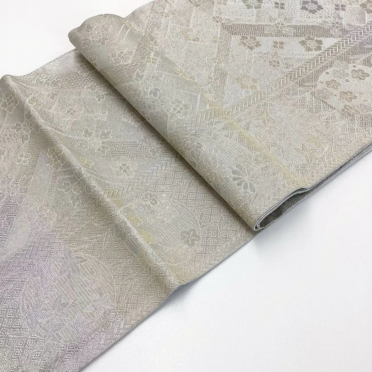 7220# Japanese Vintage Fukuro Obi Belt Kimono Fabric Silk Traditional Silver