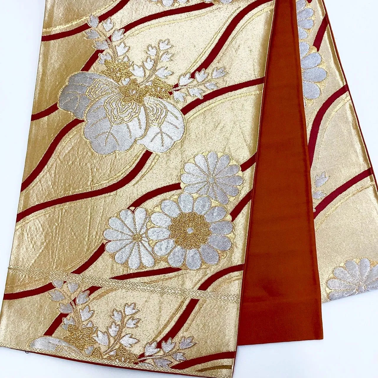 7226# Japanese Vintage Fukuro Obi Belt Kimono Fabric Silk Traditional Gold