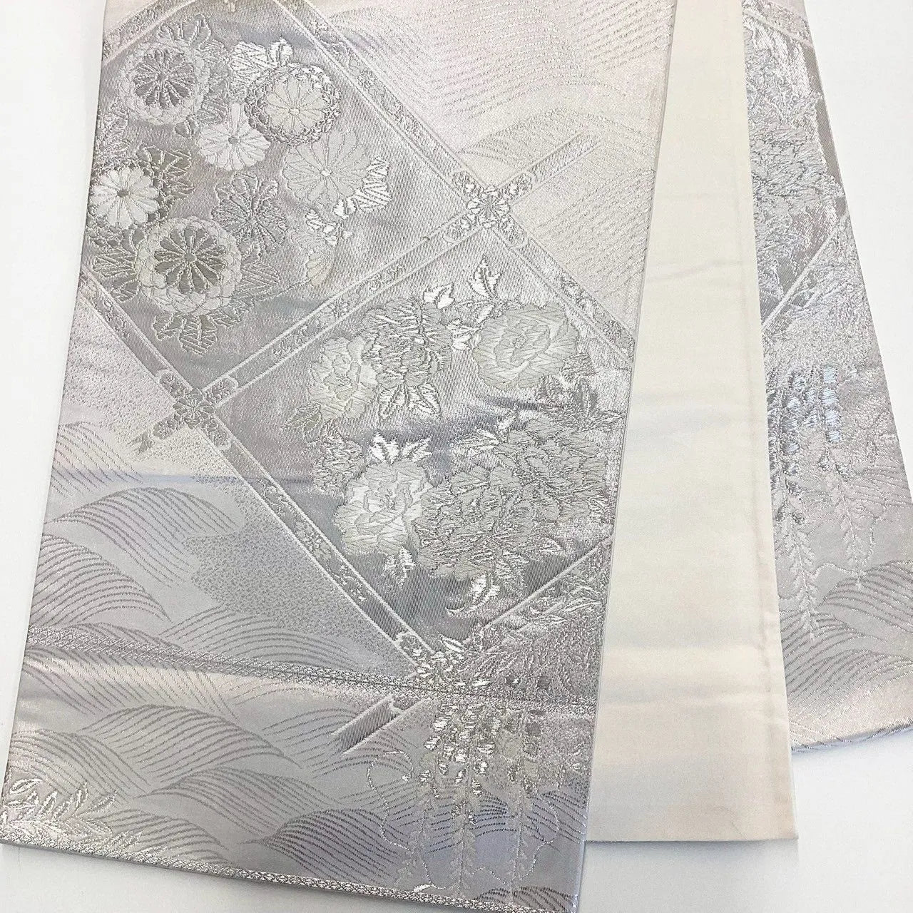 7230# Japanese Vintage Fukuro Obi Belt Kimono Fabric Silk Traditional Silver