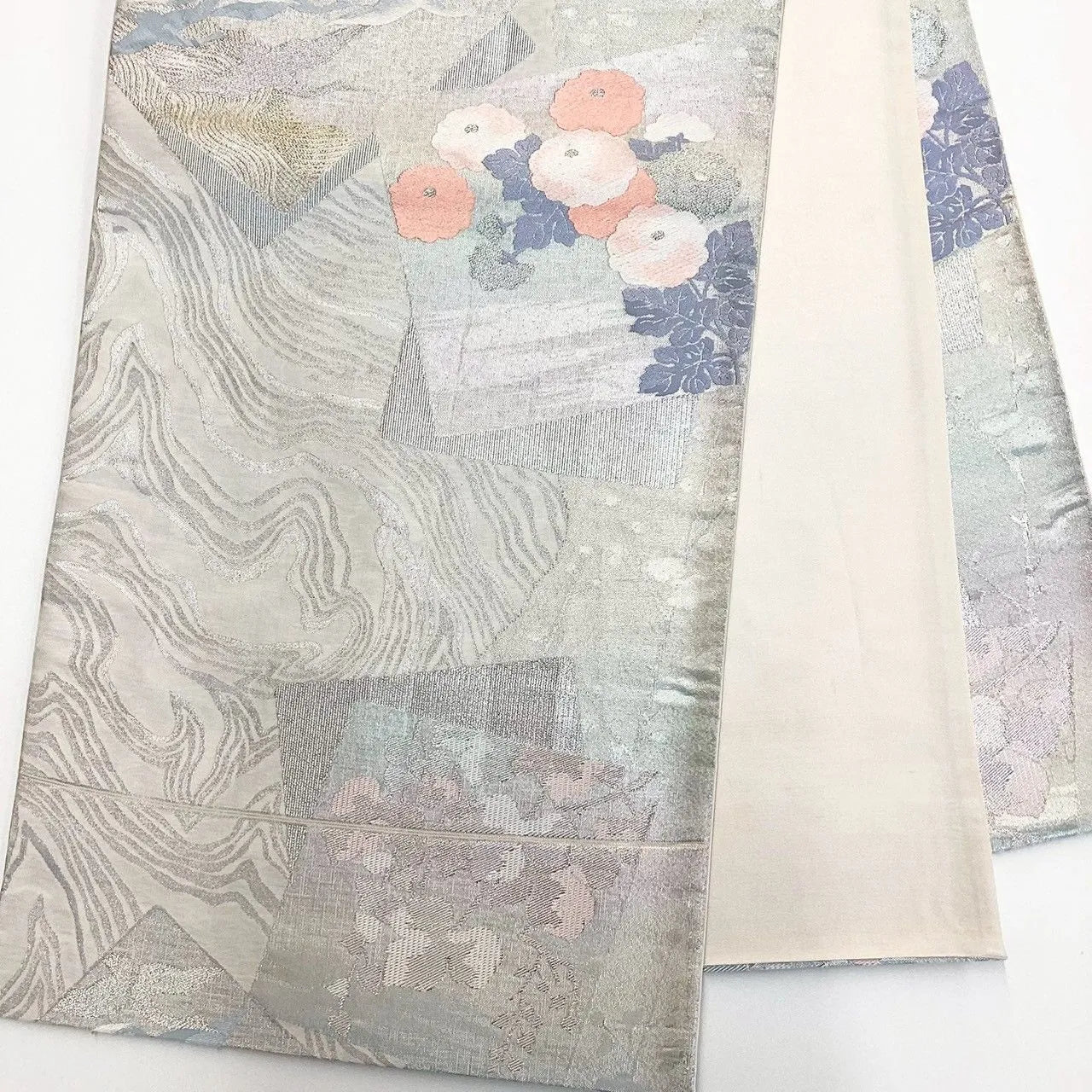 7232# Japanese Vintage Fukuro Obi Belt Kimono Fabric Silk Traditional Silver