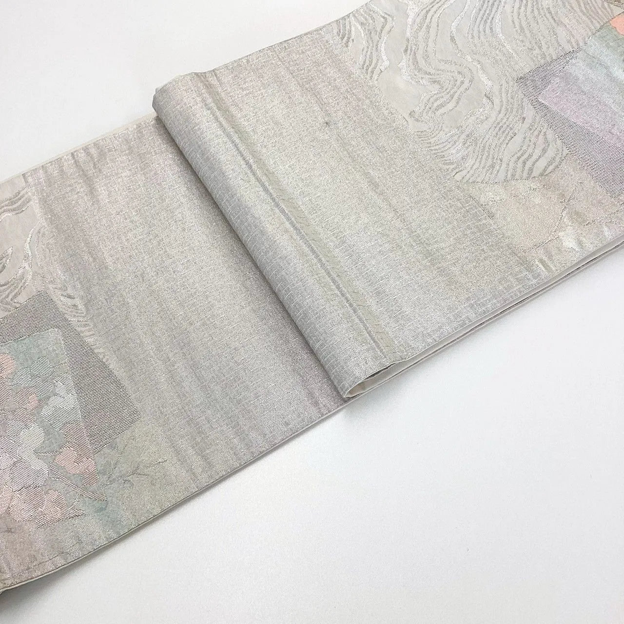 7232# Japanese Vintage Fukuro Obi Belt Kimono Fabric Silk Traditional Silver