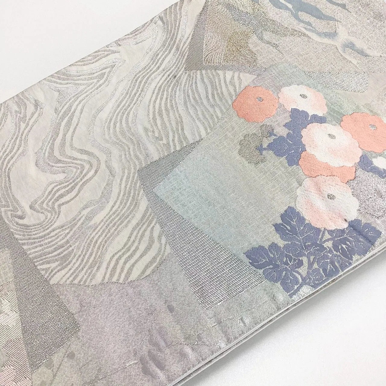 7232# Japanese Vintage Fukuro Obi Belt Kimono Fabric Silk Traditional Silver