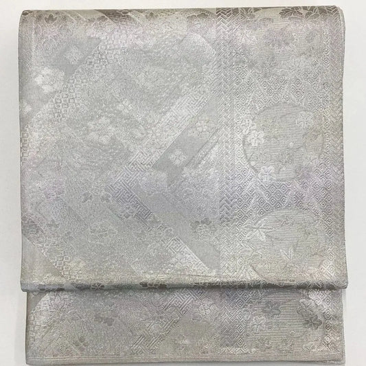 7220# Japanese Vintage Fukuro Obi Belt Kimono Fabric Silk Traditional Silver