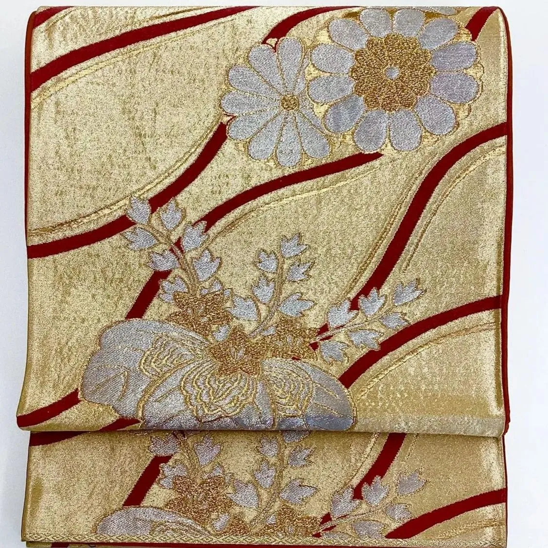 7226# Japanese Vintage Fukuro Obi Belt Kimono Fabric Silk Traditional Gold