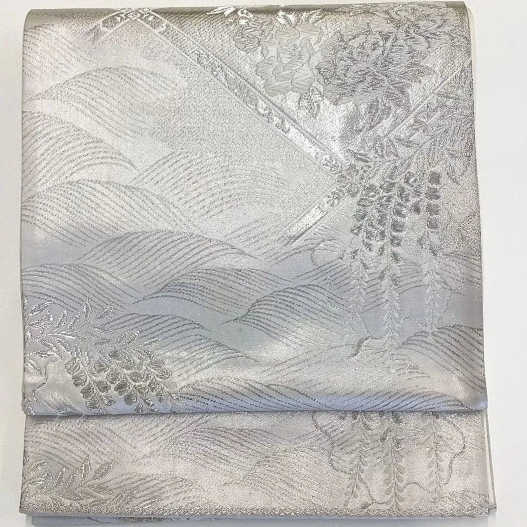 7230# Japanese Vintage Fukuro Obi Belt Kimono Fabric Silk Traditional Silver