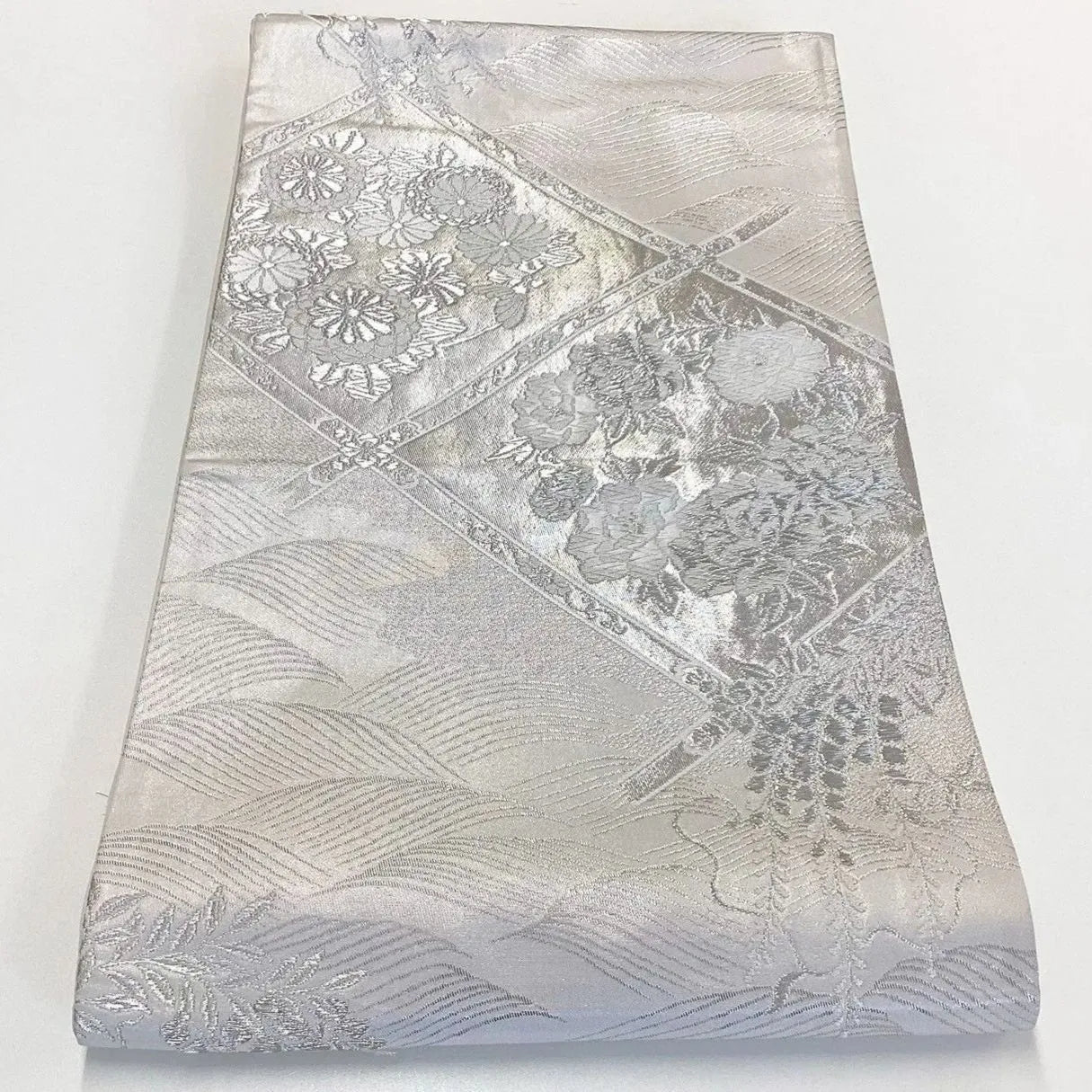 7230# Japanese Vintage Fukuro Obi Belt Kimono Fabric Silk Traditional Silver