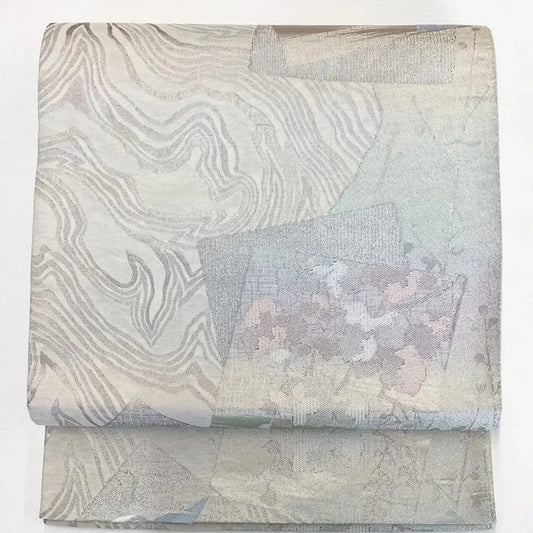 7232# Japanese Vintage Fukuro Obi Belt Kimono Fabric Silk Traditional Silver