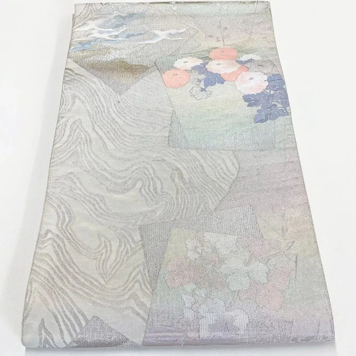 7232# Japanese Vintage Fukuro Obi Belt Kimono Fabric Silk Traditional Silver
