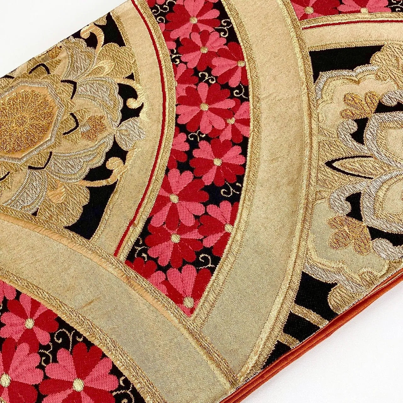 7250# Japanese Vintage Fukuro Obi Belt Kimono Fabric Silk Traditional Gold