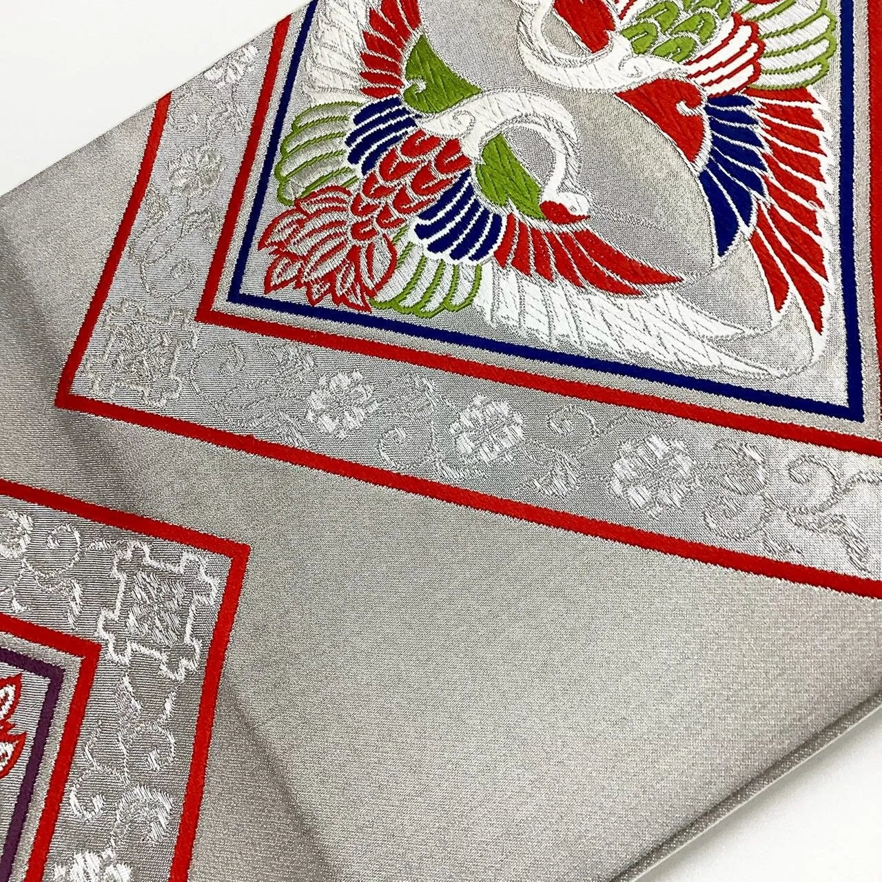 7252# Japanese Vintage Fukuro Obi Belt Kimono Fabric Silk Traditional Silver