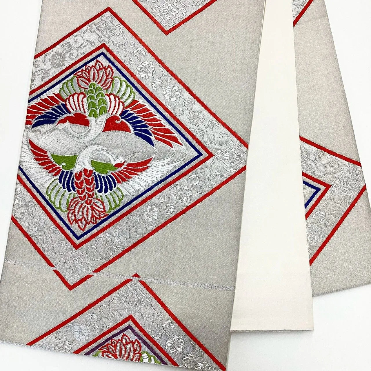 7252# Japanese Vintage Fukuro Obi Belt Kimono Fabric Silk Traditional Silver