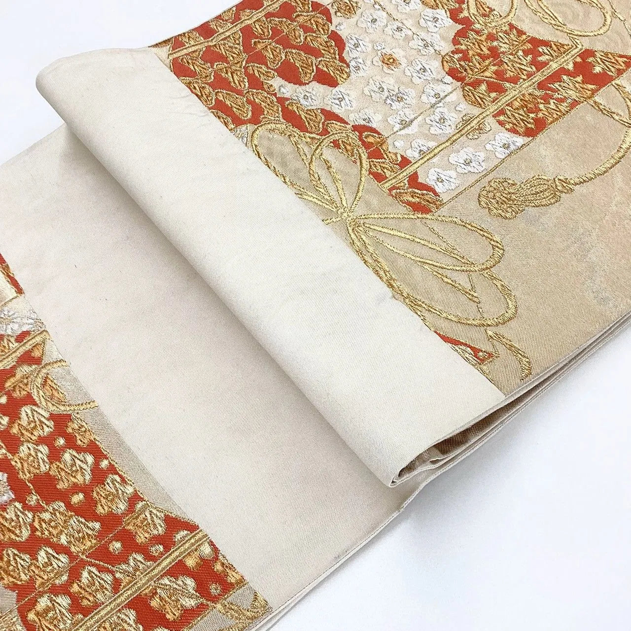 7253# Japanese Vintage Fukuro Obi Belt Kimono Fabric Silk Traditional Gold