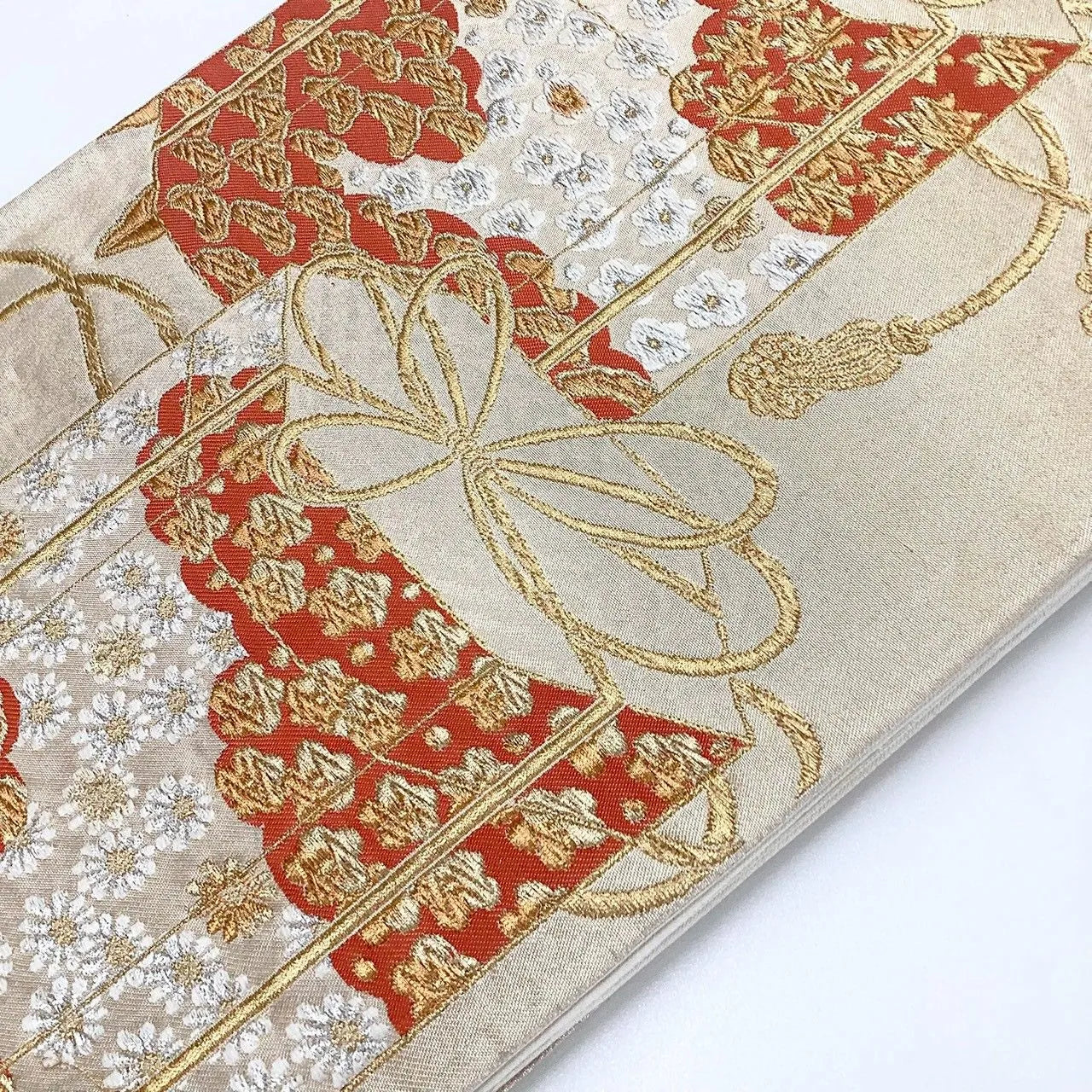 7253# Japanese Vintage Fukuro Obi Belt Kimono Fabric Silk Traditional Gold