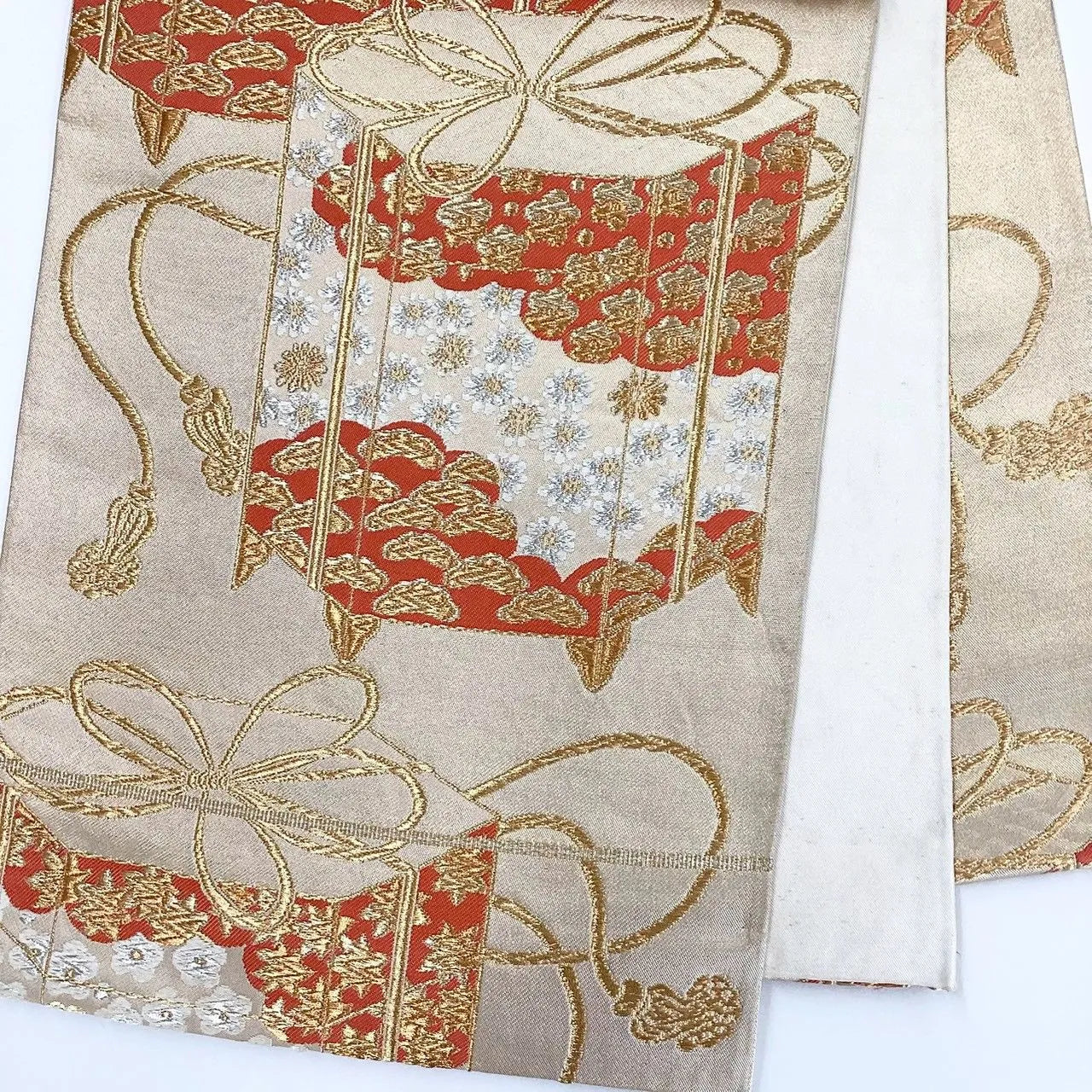 7253# Japanese Vintage Fukuro Obi Belt Kimono Fabric Silk Traditional Gold