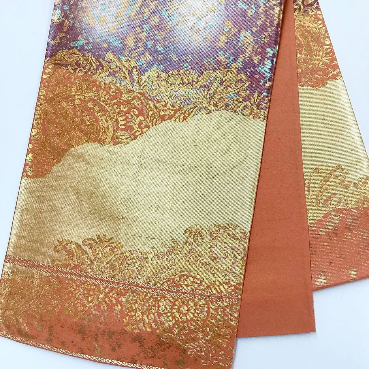 7257# Japanese Vintage Fukuro Obi Belt Kimono Fabric Silk Traditional Gold