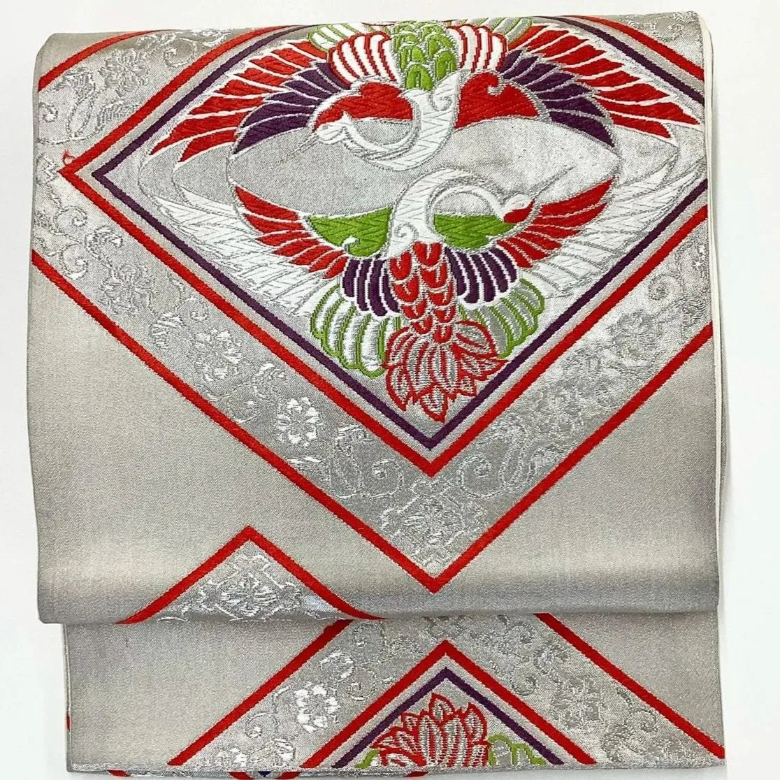 7252# Japanese Vintage Fukuro Obi Belt Kimono Fabric Silk Traditional Silver