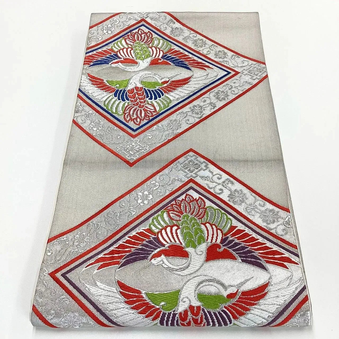 7252# Japanese Vintage Fukuro Obi Belt Kimono Fabric Silk Traditional Silver