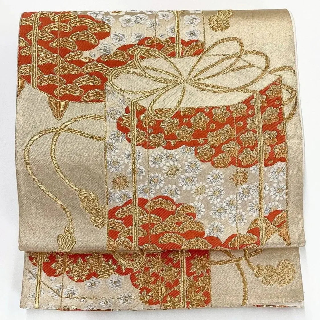 7253# Japanese Vintage Fukuro Obi Belt Kimono Fabric Silk Traditional Gold