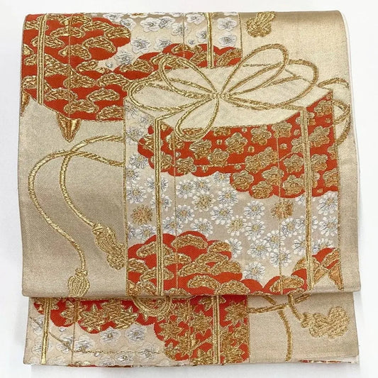 7253# Japanese Vintage Fukuro Obi Belt Kimono Fabric Silk Traditional Gold