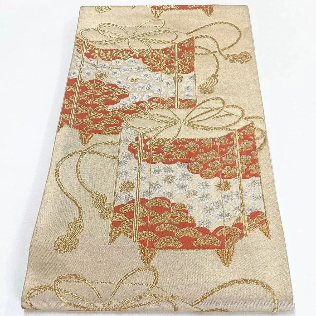 7253# Japanese Vintage Fukuro Obi Belt Kimono Fabric Silk Traditional Gold