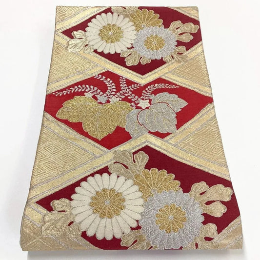 7254# Japanese Vintage Fukuro Obi Belt Kimono Fabric Silk Traditional Gold