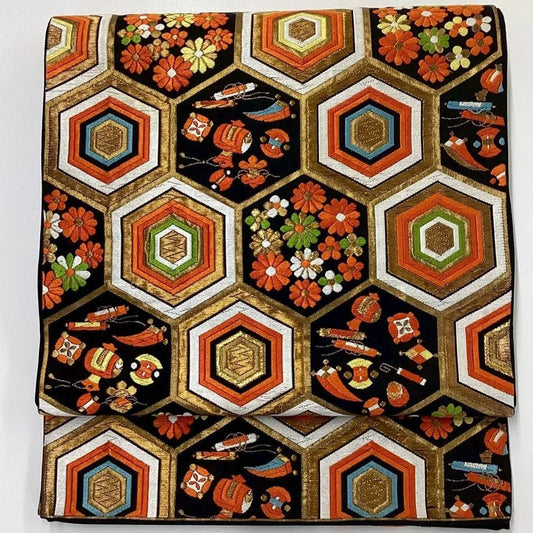 7256# Japanese Vintage Fukuro Obi Belt Kimono Fabric Silk Traditional Embroidery