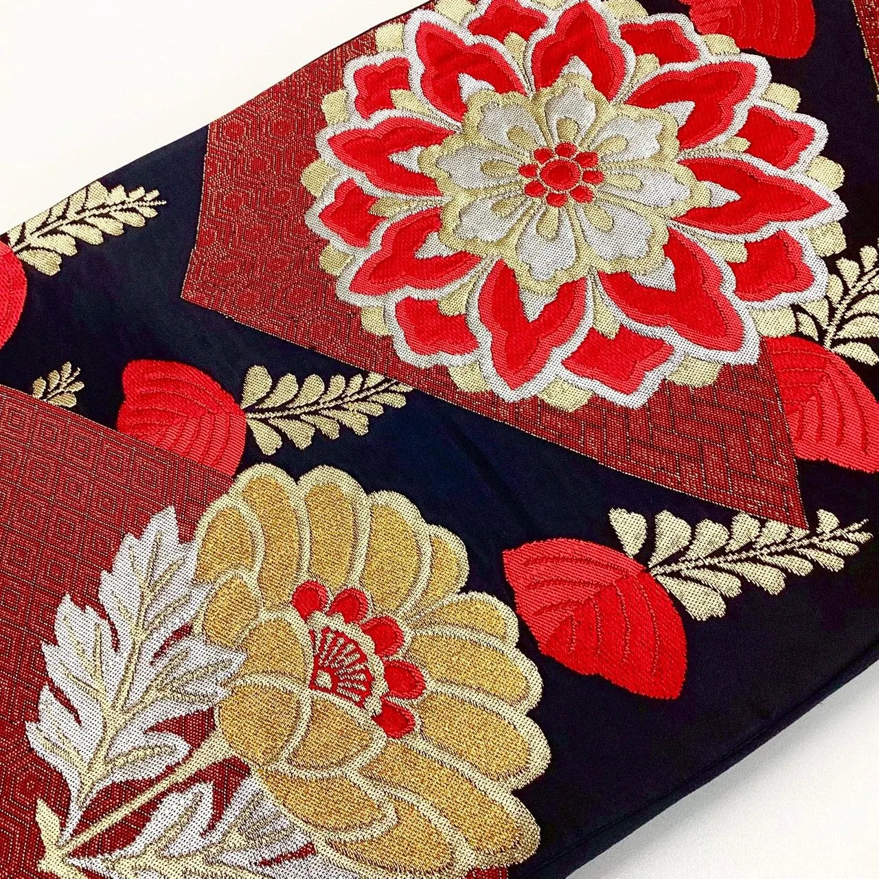 7262# Japanese Vintage Fukuro Obi Belt Kimono Fabric Silk Traditional Black