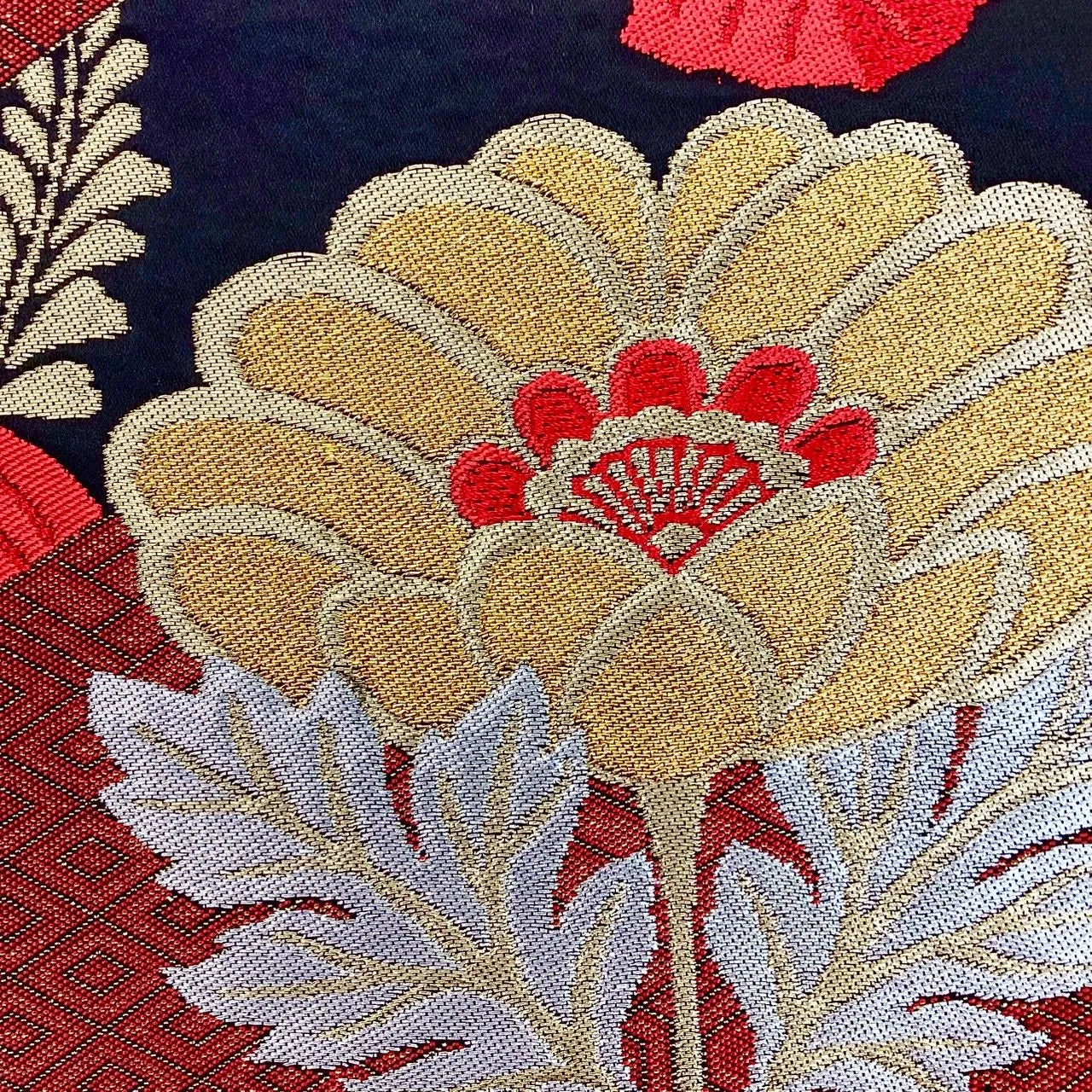 7262# Japanese Vintage Fukuro Obi Belt Kimono Fabric Silk Traditional Black