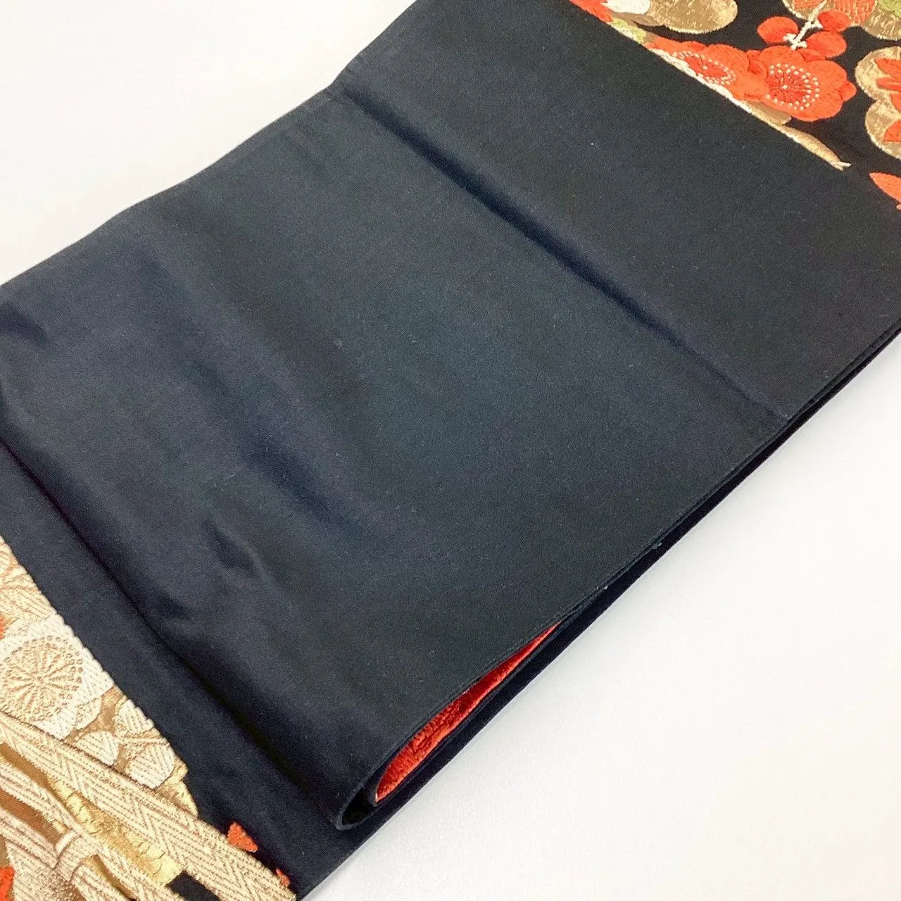 7266# Japanese Vintage Fukuro Obi Belt Kimono Fabric Silk Traditional Black