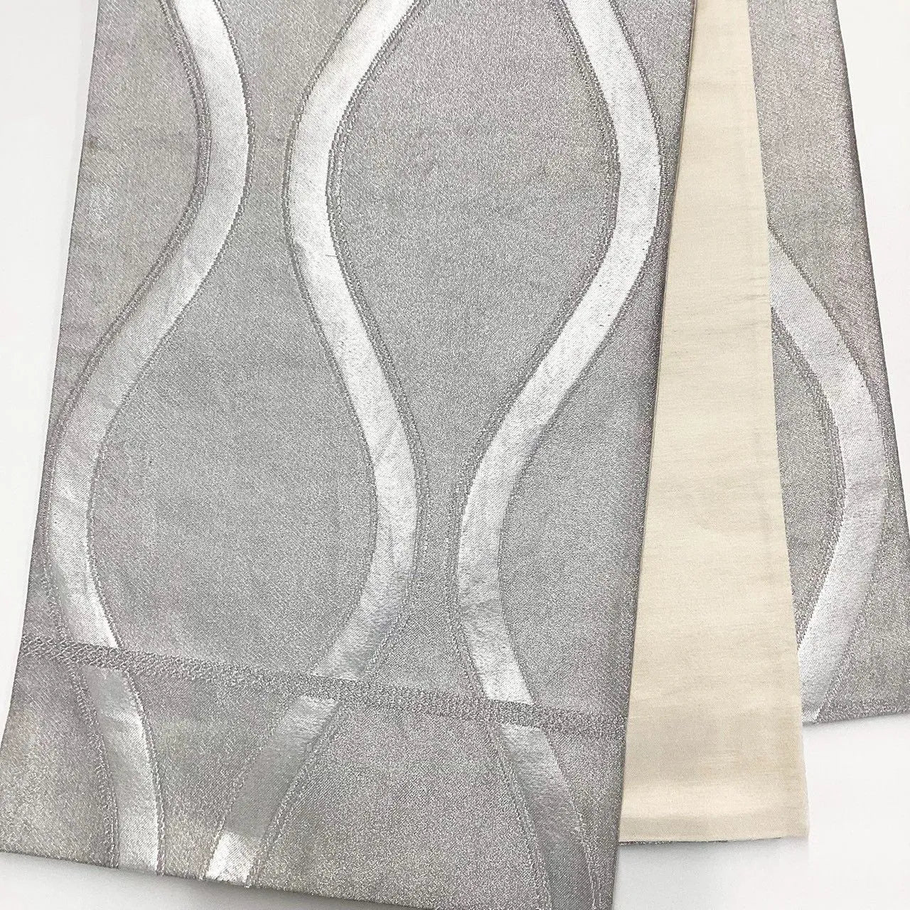 7271# Japanese Vintage Fukuro Obi Belt Kimono Fabric Silk Traditional Silver